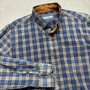 32 Bar Blues Shirt Mens M Orange/Blue Plaid Long Sleeve Collared Button Up EUC